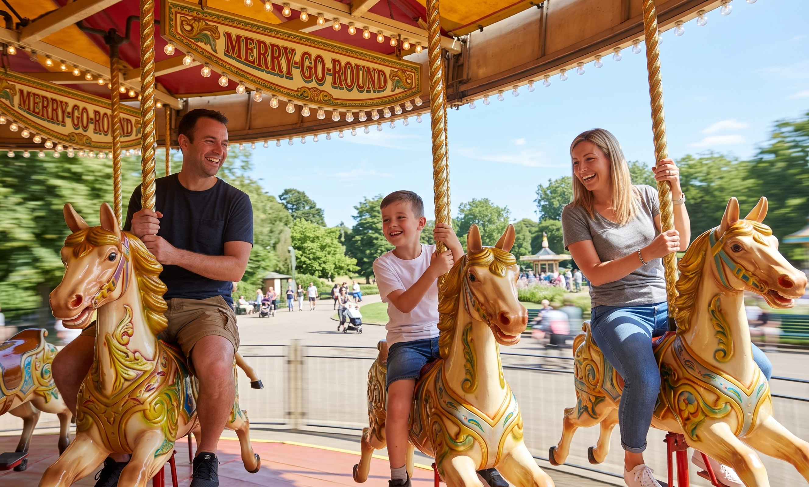 Family on a merry-go-round at a sunny park