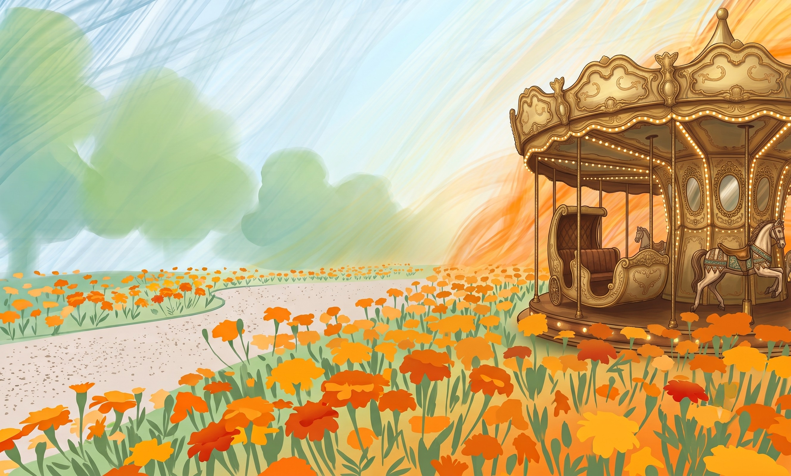 Marigold flowers and a golden carousel at sunrise