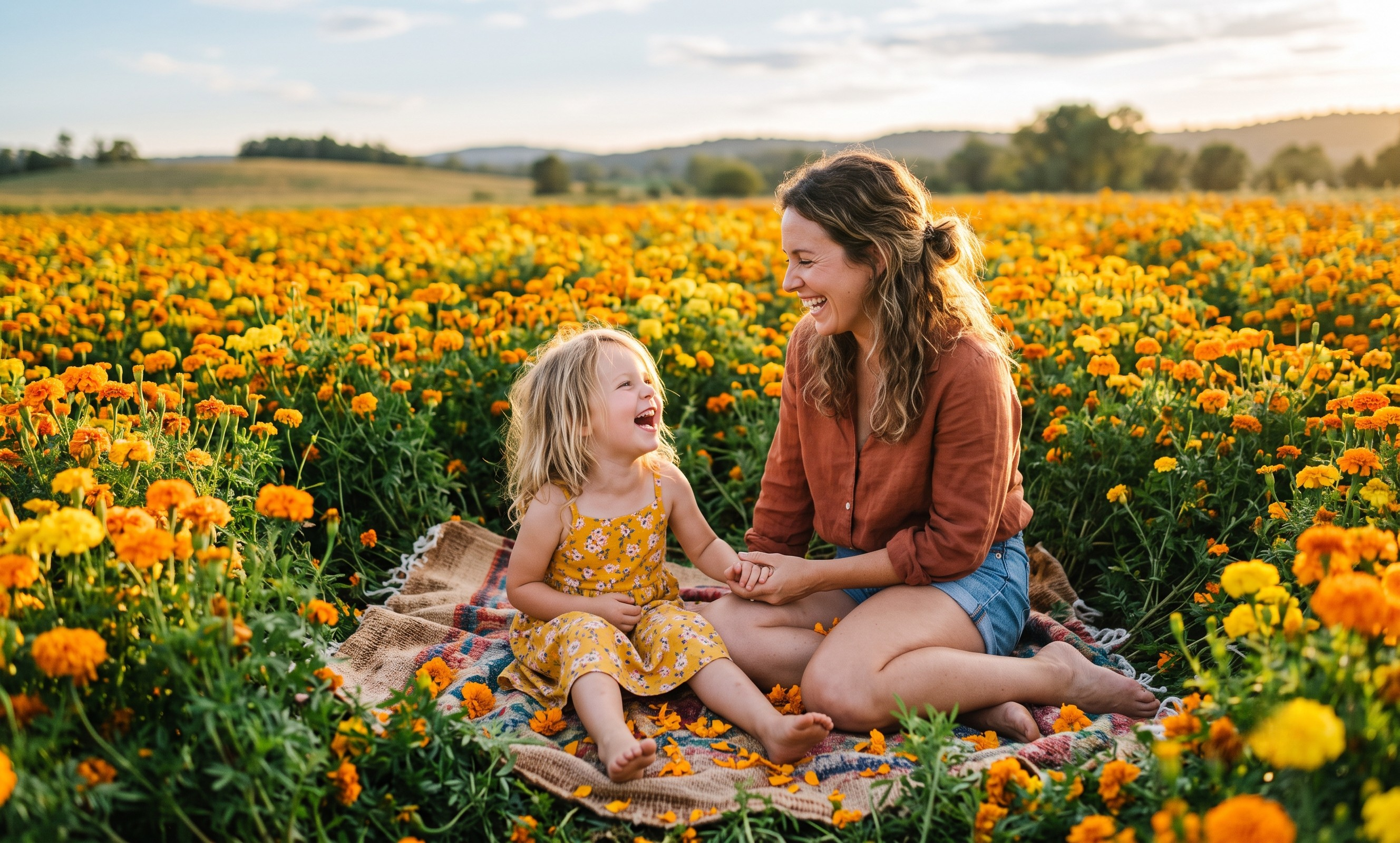 Woman and child in a marigold field — Merigold Nutrition brand imagery