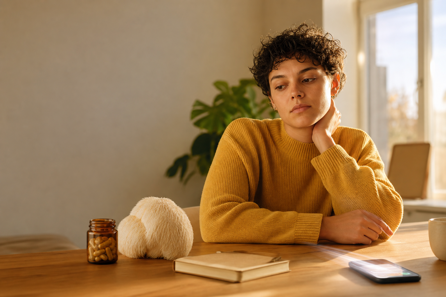 Young adult experiencing brain fog and digital brain rot from phone overuse — considering lion's mane and mushroom supplements for focus
