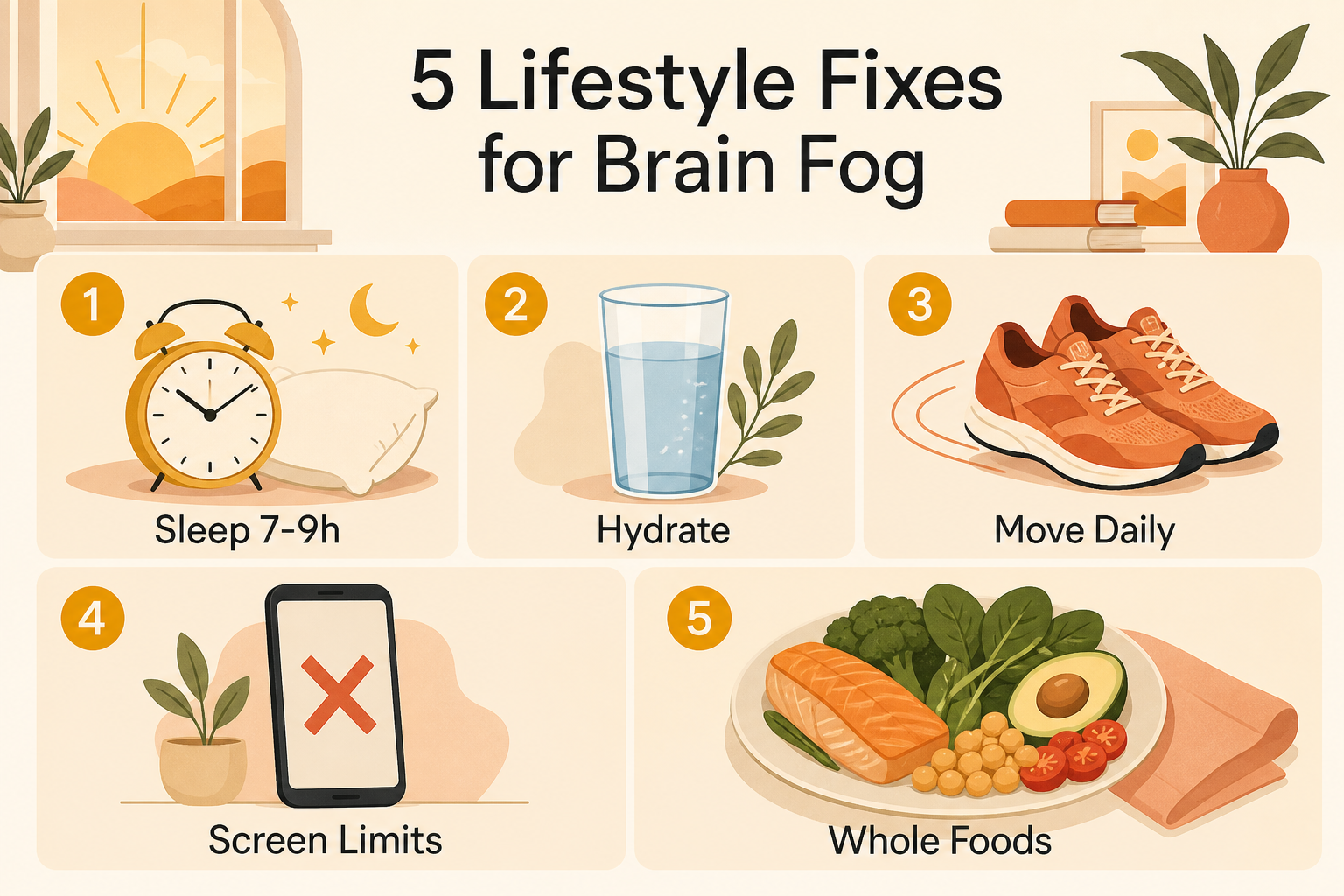 Lifestyle fixes for brain fog — sleep, hydration, movement, screen limits, and whole foods before supplements