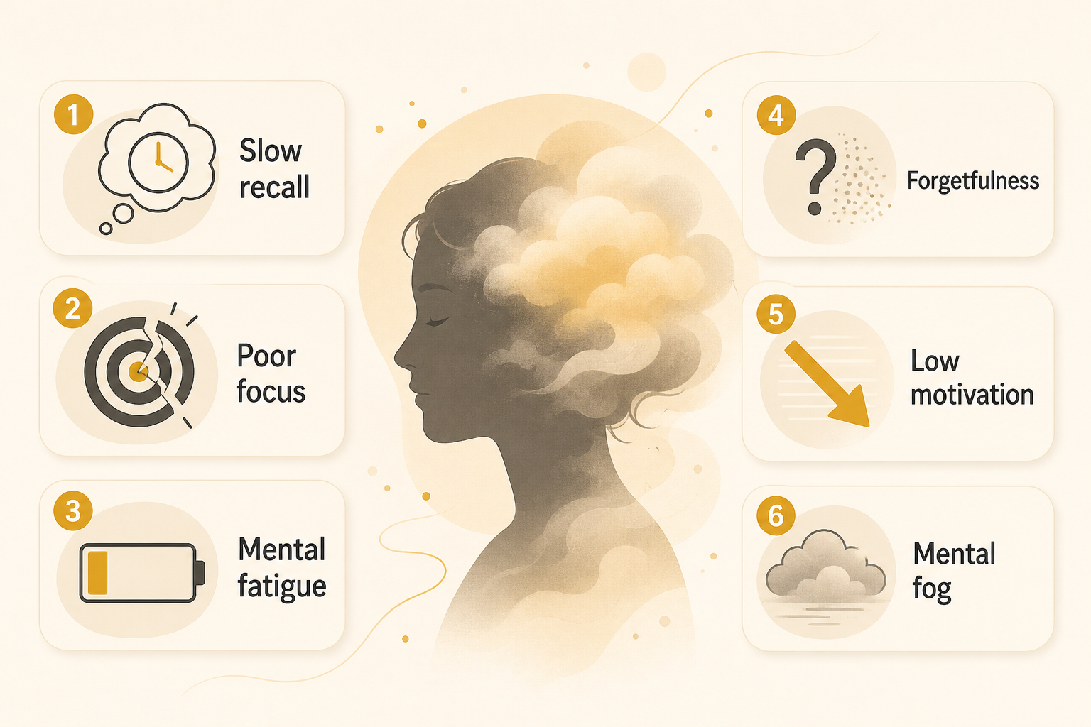 Common brain fog symptoms — poor focus, slow recall, mental fatigue, forgetfulness, and low motivation