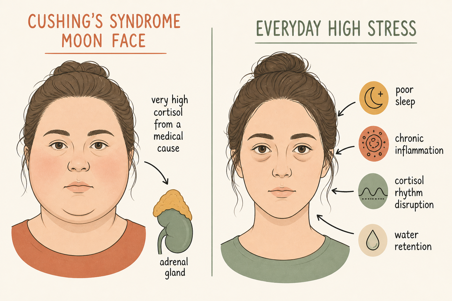 Flat editorial illustration comparing Cushing's syndrome moon face to everyday high stress, with labels for poor sleep, chronic inflammation, cortisol rhythm disruption, and water retention