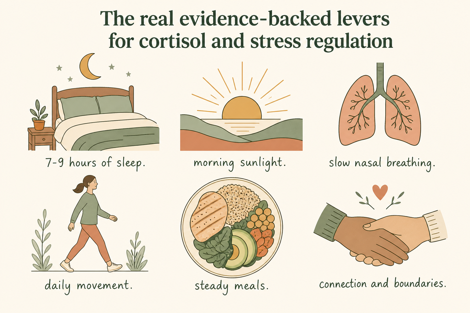 Flat editorial illustration of the real evidence-backed levers for cortisol regulation: 7 to 9 hours of sleep, morning sunlight, slow nasal breathing, daily movement, steady meals, and connection and boundaries