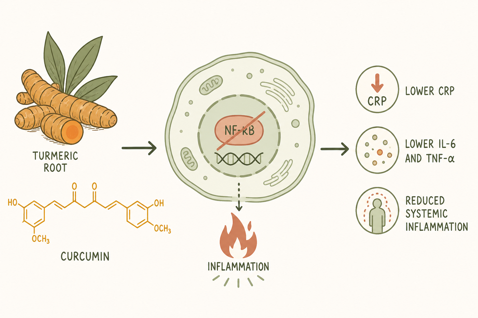 Flat editorial illustration of curcumin's anti-inflammatory pathway: turmeric root and curcumin molecule pointing to a cell with inhibited NF-kB, leading to lower CRP, lower IL-6 and TNF-alpha, and reduced systemic inflammation