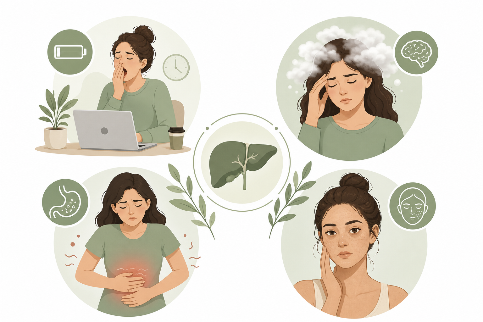 Signs of liver strain infographic showing fatigue, brain fog, bloating, and dull skin linked to liver detox needs
